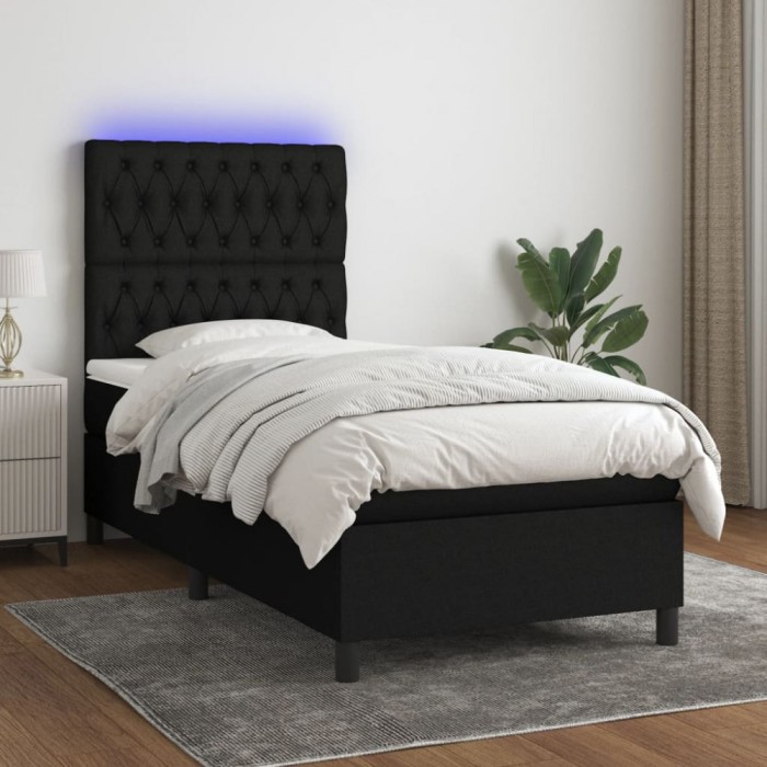 vidaXL Pat cu arcuri, saltea și LED, negru, 100x200 cm, textil 3135095