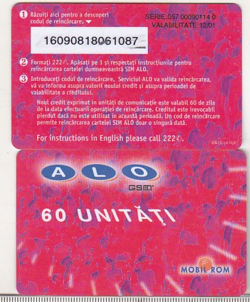 bnk card Romania - Alo Mobil Rom - 60 unitati 12/01 - RO-DIA-ALO-0007-0112B
