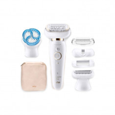 Epilator Silk-epil 9 Flex Braun, 40 pensete, cap flexibil, tehnologie SensoSmart, Wet&amp;amp;amp;Dry, 3 accesorii, Alb/Auriu foto