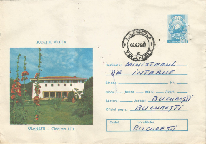 Romania, Olanesti, Cladirea I.T.T., plic circulat, 1974