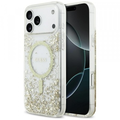Husa MagSafe pentru Apple iPhone 17 Pro Max, Guess, Resin Bottom Glitter, Aurie foto
