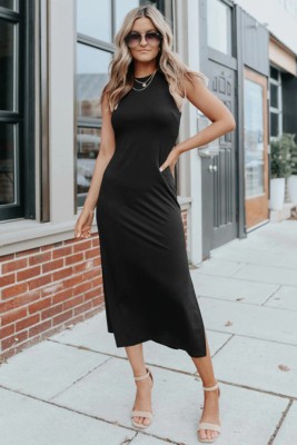 K812-1 Rochie neagra casual fara maneci si crapaturi pe laterale foto