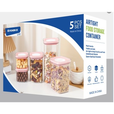 Set 5 cutii depozitare, Flippy, PET, Jar, PP, Silicon, 2000mL, Transparente, Capac alb-albastru foto