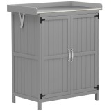 Outsunny Dulap de Exterior, Dulap pentru Ustensile cu Blat din Metal și Raft, Banc de Lucru din Lemn cu 2 Uși pentru Grădină, Terasă, Curte, Gri | Aos