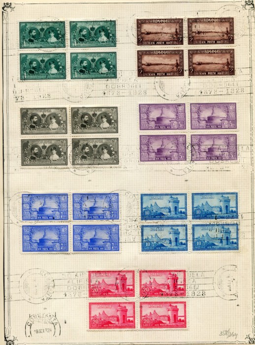 1928 , Lp 81, 50 de ani de la unirea Dobrogei , serie in bloc de 4 - stampila aniversara / coala carton