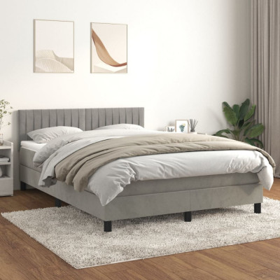 vidaXL Pat box spring cu saltea, gri deschis, 140x200 cm, catifea foto