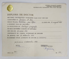 UNIVERSITATEA &amp;#039;&amp;#039; ALEXANDRU IOAN CUZA &amp;#039;&amp;#039; DIN IASI , DIPLOMA DE DOCTOR IN GEOGRAFIE , 1972 foto