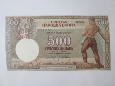 Serbia 500 Dinara 1942,bancnotă necirculată cu marginile tăiate foto