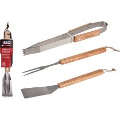 Set ustensile BBQ din inox si lemn, 3 piese , cleste, furculita si paleta pentru gratar