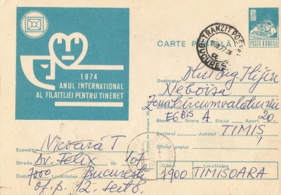 *Romania, Anul Int. al Filateliei pt. Tineret, c. p. s. circulata intern, 1977 foto