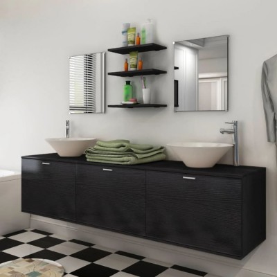 Set mobilier baie format din 8 piese cu chiuvete incluse, Negru foto