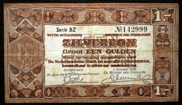 97 OLANDA ZILVERBON 1 GULDEN 1938 SR. 999