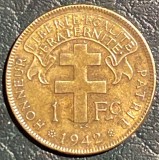 Moneda Africa Ecuatoriala Franceza 1 Franc 1942 Bronz 5.48g 25.7mm