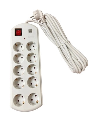 Prelungitor triplu ALIEN cu 10 prize, 2 porturi USB, 10 m, 16A, protecție la supratensiune foto