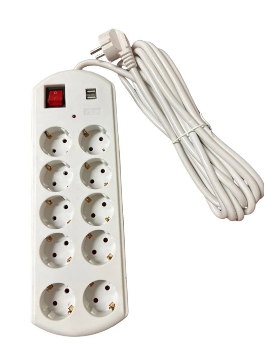 Prelungitor triplu ALIEN cu 10 prize, 2 porturi USB, 10 m, 16A, protecție la supratensiune