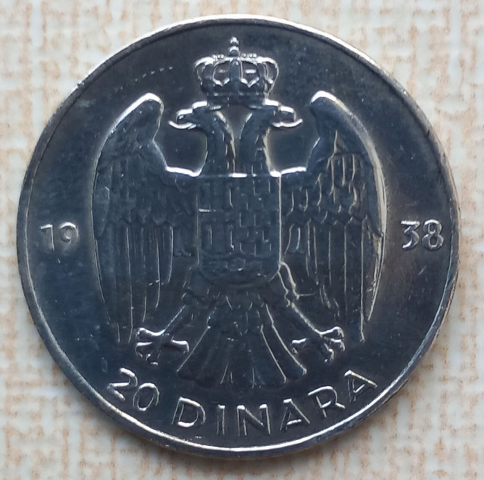 (A434) MONEDA DIN ARGINT JUGOSLAVIA - 20 DINARA DINARI 1938, PETER II