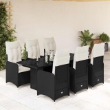 Set bistro de grădină, 7 piese, cu perne, negru, poliratan