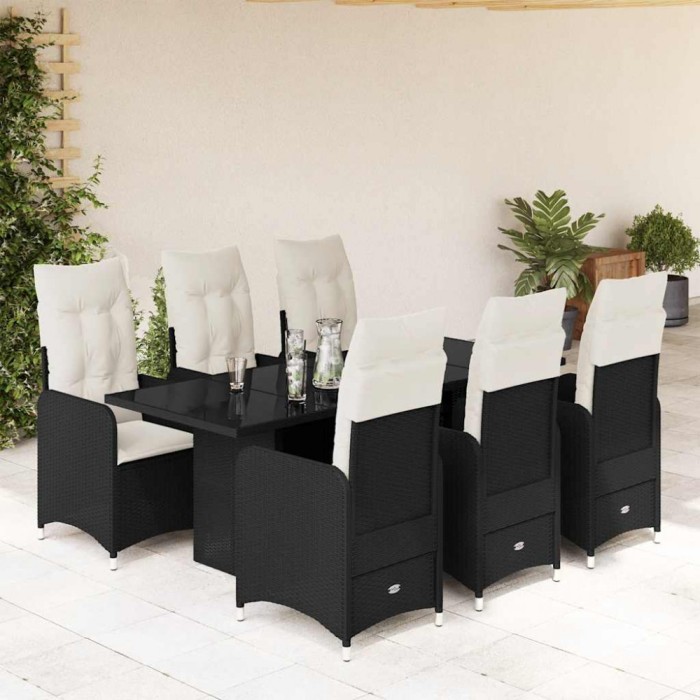 Set bistro de grădină, 7 piese, cu perne, negru, poliratan