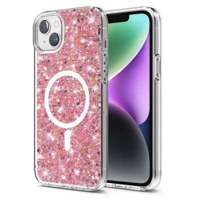 Husa pentru iPhone 14 Plus / 15 Plus - Techsuit Sparkly Glitter MagSafe - Magenta foto
