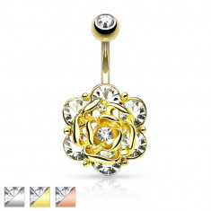 Piercing pentru buric din oțel – o floare cu zirconii rotunde transparente, diferite culori - Culoare: Auriu