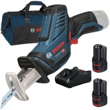 Bosch GSA 12V-14 + 1600A019R8 + 1619BZ0100 - Fierastrau sabie + Set 2 acumulatori si incarcator Li-Ion 12 V 2 Ah + Geanta textila