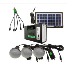 Kit solar iluminare GD-Lite 10 cu 3 becuri LED, port USB incarcare dispozitive, MP3 Player, Radio FM