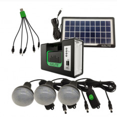 Kit solar iluminare GD-Lite 10 cu 3 becuri LED, port USB incarcare dispozitive, MP3 Player, Radio FM