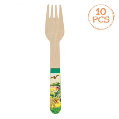 Furculițe Party, Model Dinozaur, Lemn, Set 10 Bucăți, 16 cm foto