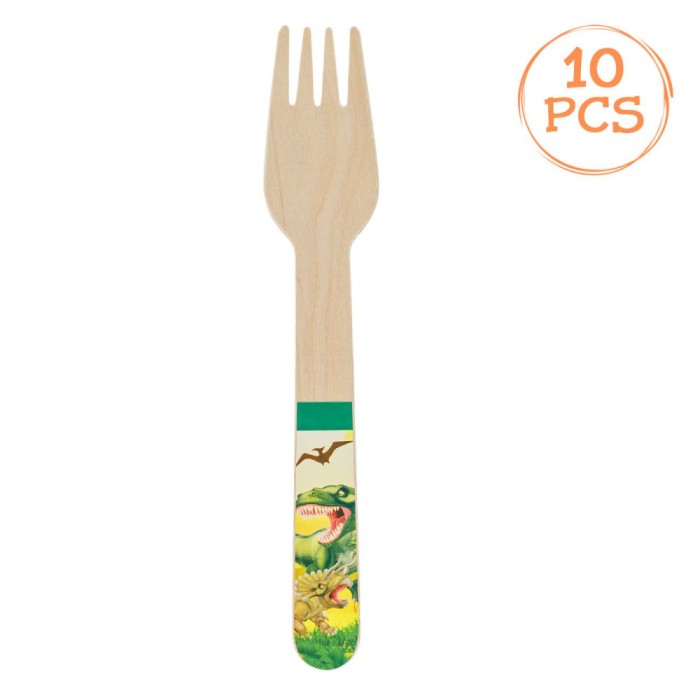 Furculițe Party, Model Dinozaur, Lemn, Set 10 Bucăți, 16 cm