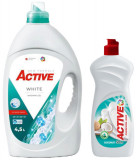Cumpara ieftin Detergent lichid pentru rufe albe Active, 4.5 litri, 90 spalari + Detergent de vase lichid Active, 0.5 litri, cocos