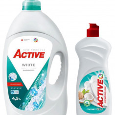 Detergent lichid pentru rufe albe Active, 4.5 litri, 90 spalari + Detergent de vase lichid Active, 0.5 litri, cocos