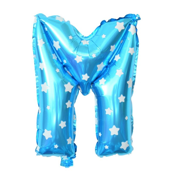 Balon folie metalizata litera m, flippy, 40 cm, cu imprimeu stelute, umflati cu heliu sau aer, ambalaj individual, pai inclus, albastru