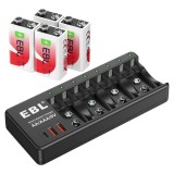 Incarcator Acumulatori 9V, Li-Ion/Ni-MH, 4 Sloturi + 4 Acumulatori 9V 600mAh, Alimentare 220V