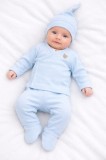 Set bleu pentru bebelusi din bumbac cu bluza petrecuta, pantaloni si caciulita,