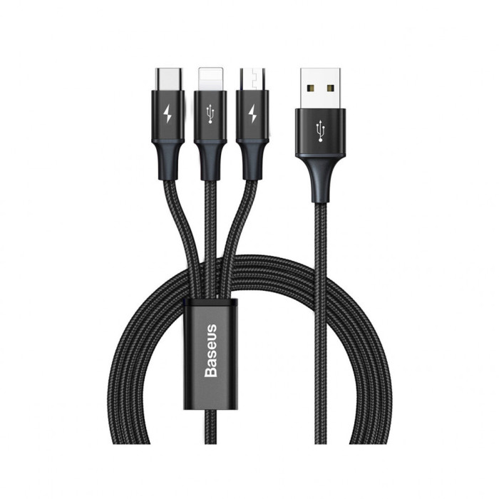 Cablu de Date USB la Type-C, Lightning, Micro-USB 3.5A, 1.2m - Baseus Rapid Series (CAJS000001) - Black