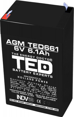 Acumulator AGM VRLA 6V 6,1A dimensiuni 70mm x 48mm x h 101mm F1 TED Battery Expert Holland TED002938 (20) SafetyGuard Surveillance foto