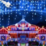 Instalatie LED Craciun 25m x 1m, Franjuri, 640 LED-uri Albastru, 8 Moduri, Alimentare 220V, Interconectabila , Ghirlanda Turturi Exterior Interior Fes