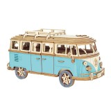 Puzzle 3D, din lemn, Masina Retro, albastru, reconstituie cu fidelitate minibusul de lux, Lungimea de 29 cm, latimea de 11.5 cm, Oem