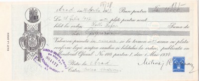 Banca Nationala - Cambie - BILET LA ORDIN 1936 TIMBRU SEC 72 LEI APOSTILA foto