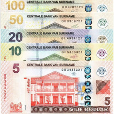 SURINAM █ SURINAME █ SET █ 5+10+20+50+100 Dollars █ 2012-2020 █ P-162-166 █ UNC