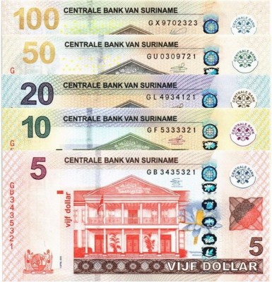 SURINAM █ SURINAME █ SET █ 5+10+20+50+100 Dollars █ 2012-2020 █ P-162-166 █ UNC foto