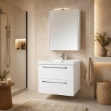 Set mobilier baie suspendat, cu lavoar ceramic, GN0541, front MDF, 60 cm, 2 sertare, glisiere soft close si dulap cu oglinda GN5011, MDF, iluminare le