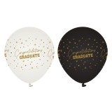 Baloane Latex pentru Absolvire, 30 cm, 10 buc, Alb/Negru cu Imprimeu Auriu, CMCLASS