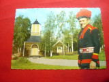 Ilustrata Suedia- Costum popular si Biserica veche Lappirkan din Gallivare 1969, Circulata, Printata
