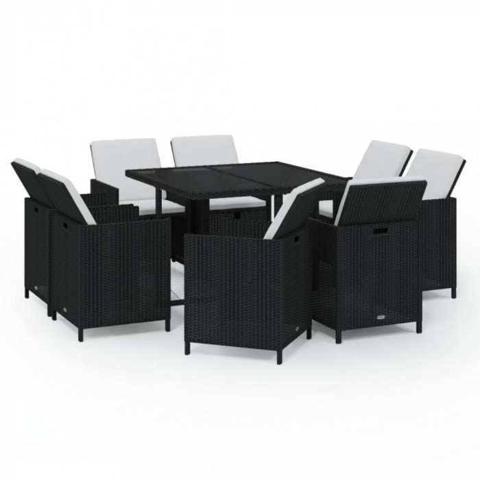 Set mobilier de grădină cu perne, 9 piese, negru, poliratan