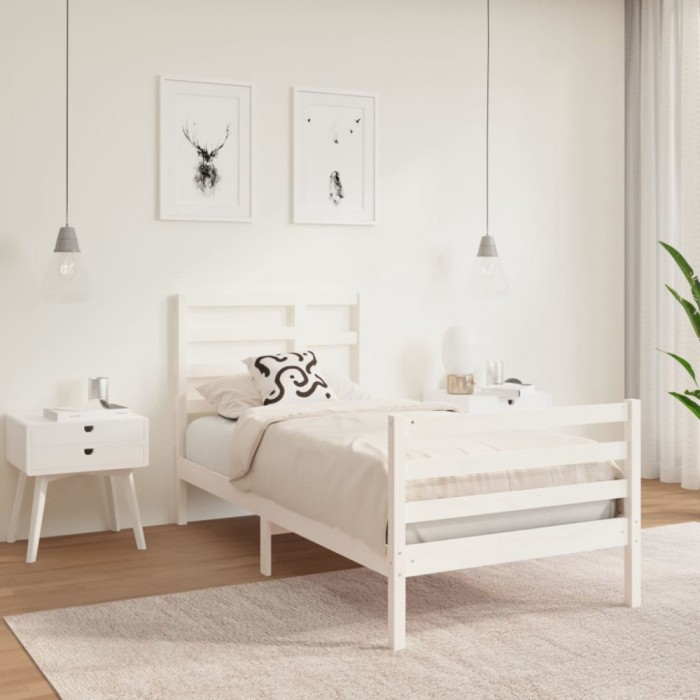 vidaXL Cadru de pat Single 3FT, alb, 90x190 cm, lemn masiv