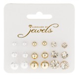 Set Cercei Language of Jewels, 3 Marimi, 9 Perechi, Culoare Aurie, Strass si Perle Albe Aurii