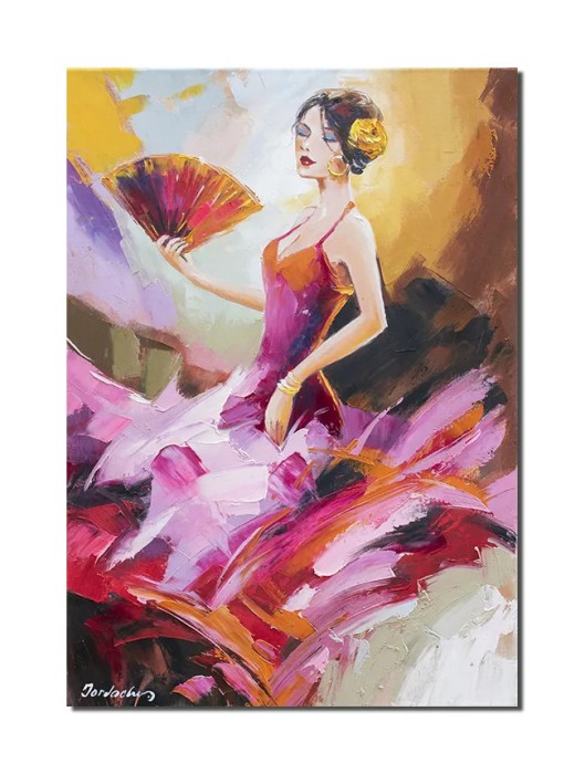 Tablou pictat manual, Eleganta cu evantai, 70x50cm ulei pe panza in cutit efect 3D