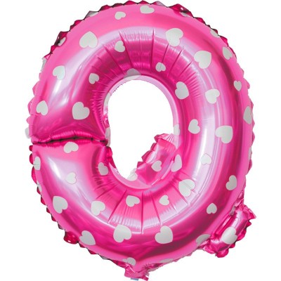 Balon folie metalizata litera q, flippy, 40 cm, cu imprimeu inimioare, umflati cu heliu sau aer, ambalaj individual, pai inclus, roz foto