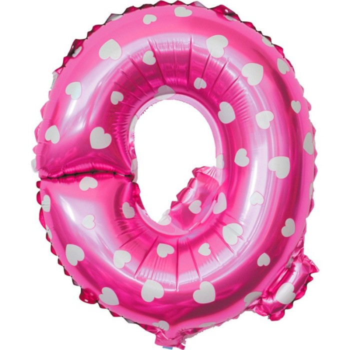 Balon folie metalizata litera q, flippy, 40 cm, cu imprimeu inimioare, umflati cu heliu sau aer, ambalaj individual, pai inclus, roz